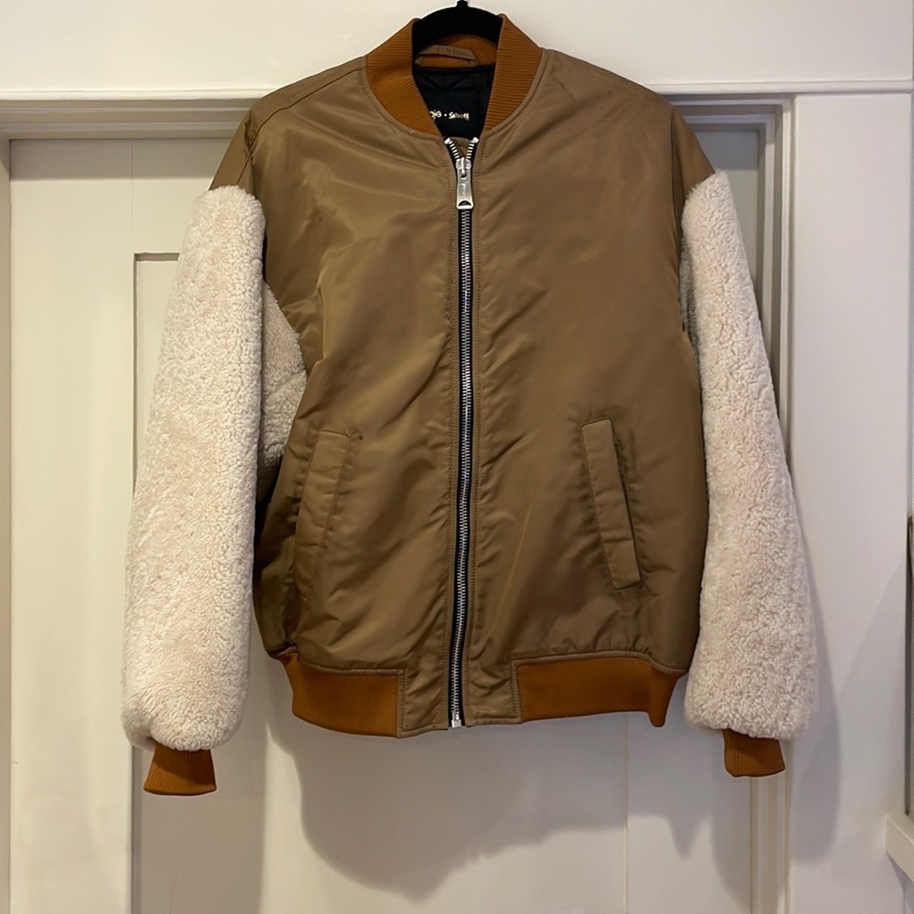 Maje x Schott Boston Bomber Shearling Sleeve Jacket